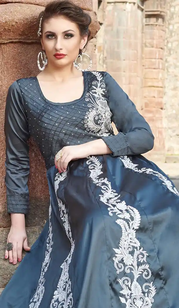 Dark Grey Color Taffeta Satin Designer Readymade Gown for Women - 404948908