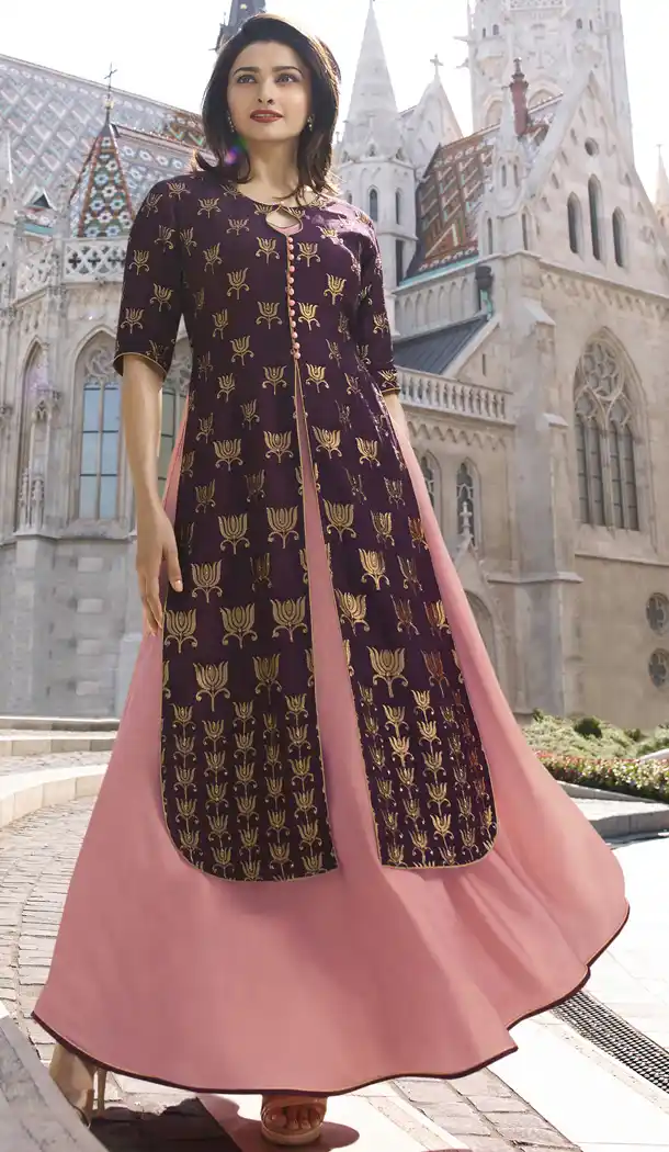 TV Actress Prachi Desai Purple Color Jacquard Silk Ready Made Kurtis - 59408800