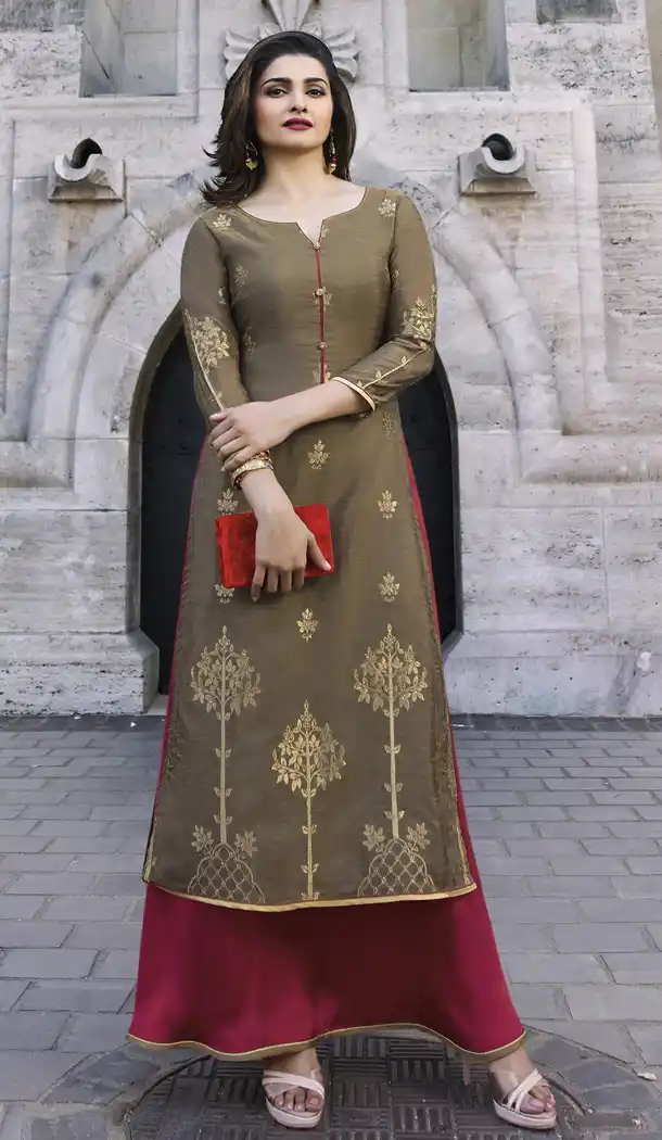 TV Actress Prachi Desai Beige Color Jacquard Silk Ready Made Kurtis - 59408801