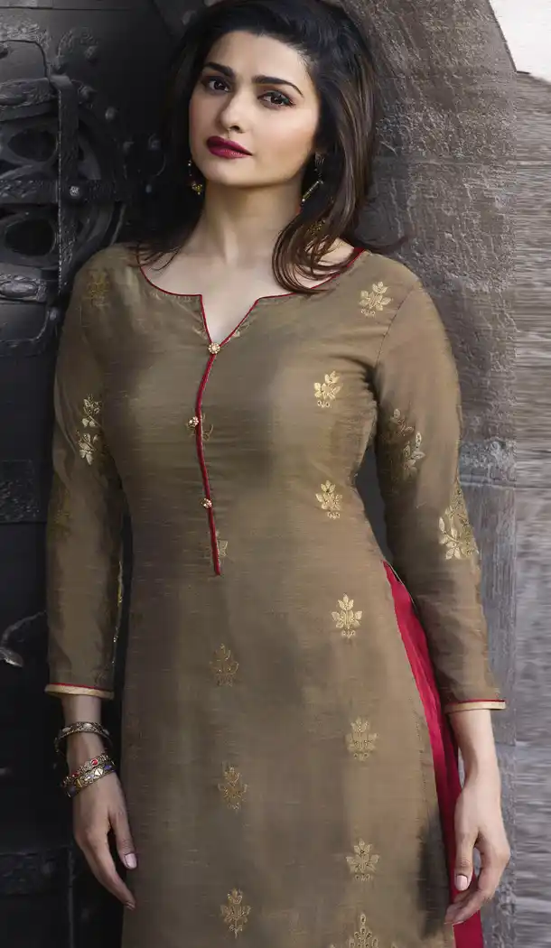 TV Actress Prachi Desai Beige Color Jacquard Silk Ready Made Kurtis - 59408801