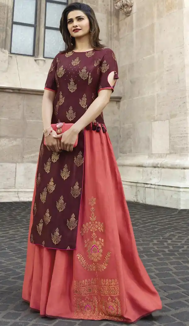 TV Actress Prachi Desai Maroon Color Jacquard Silk Ready Made Kurtis - 59408805