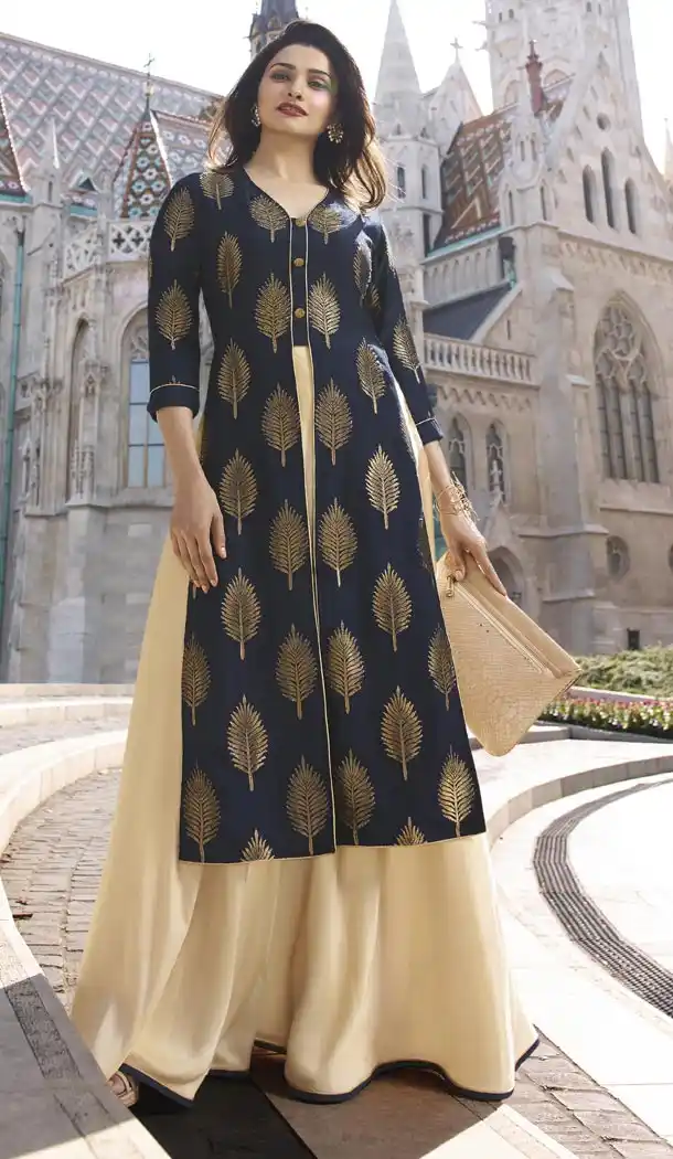 TV Actress Prachi Desai Navy Blue Color Jacquard Silk Ready Made Kurtis - 59408806