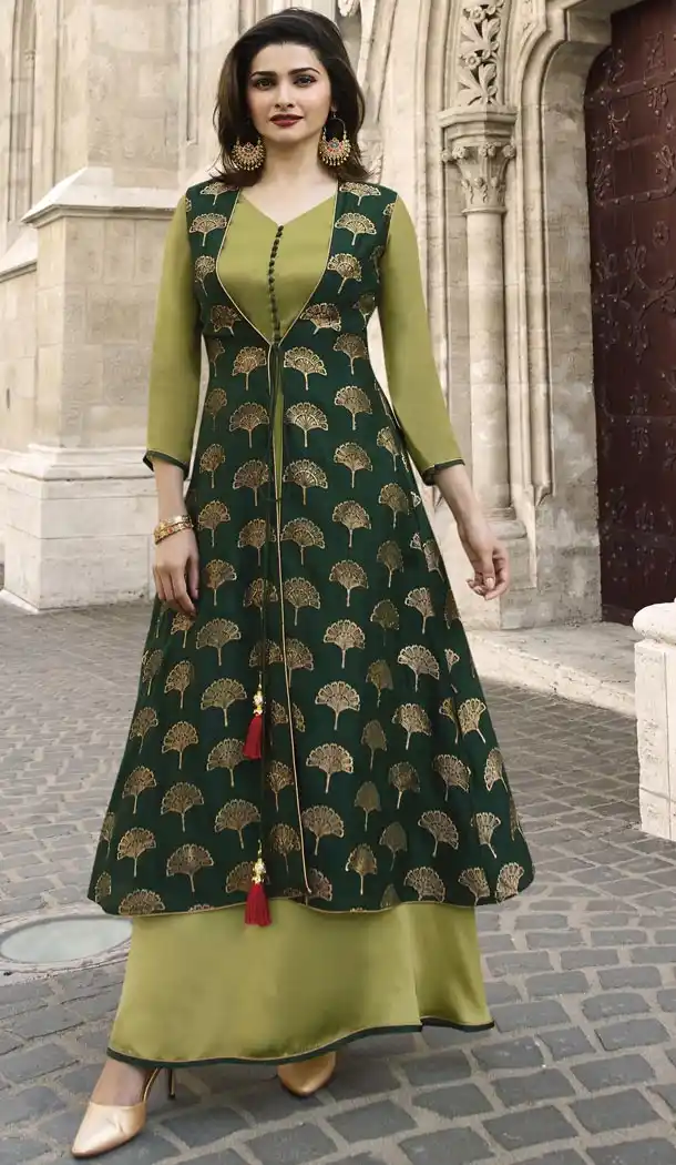 TV Actress Prachi Desai Dark Green Color Jacquard Silk Ready Made Kurtis - 59408807