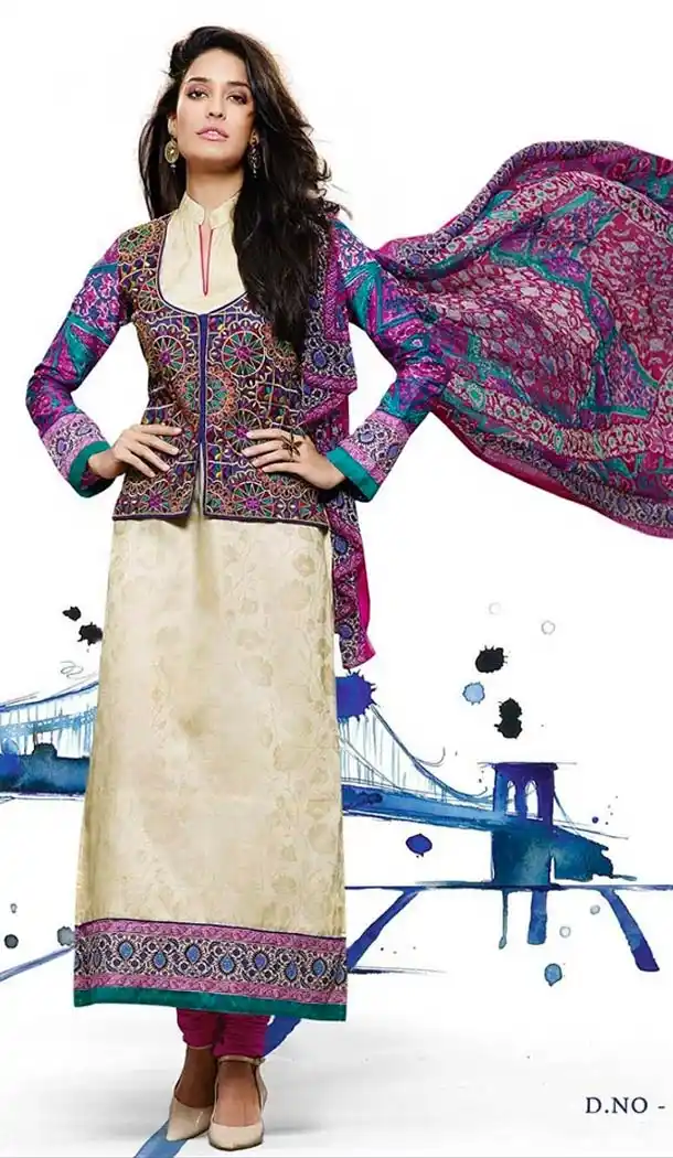 Beige and Dark Blue Cotton Jacquard and Art Silk Churidar Kameez