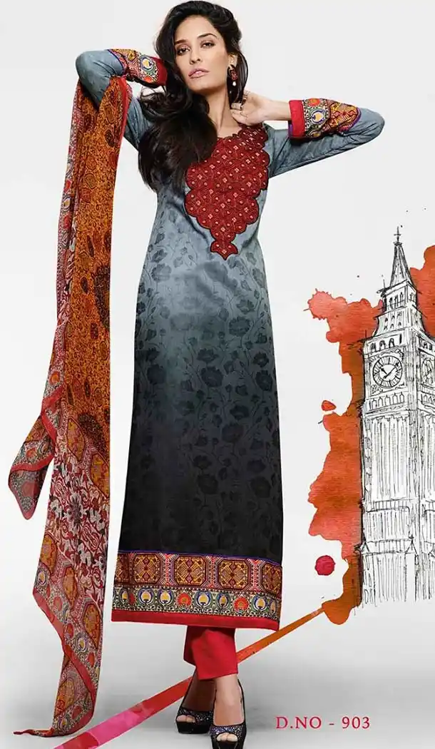 Shaded Grey Cotton Jacquard Kameez with Straight Pant