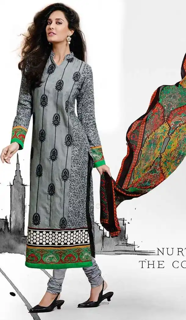 Grey Cotton Jacquard Churidar Kameez