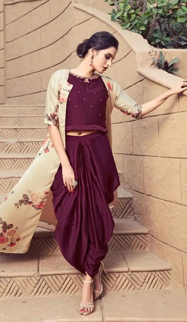 Maroon Color Modal Satin Readymade Designer Indo Western Dhoti Suit Online - 403648761