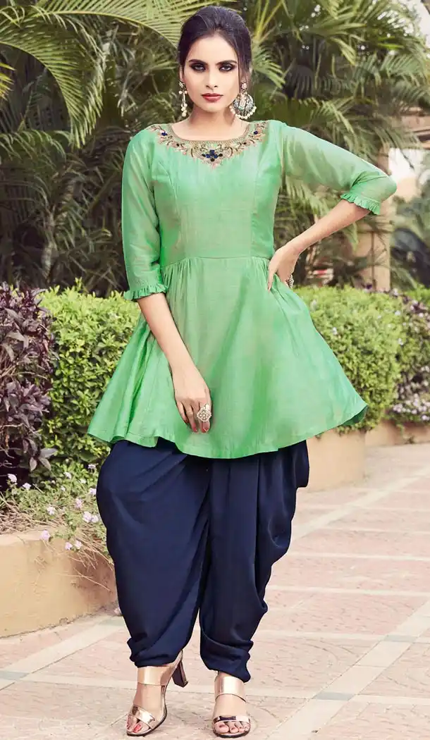 Green Color Pure Silk Readymade Designer Indo Western Dhoti Suit Online - 403648763