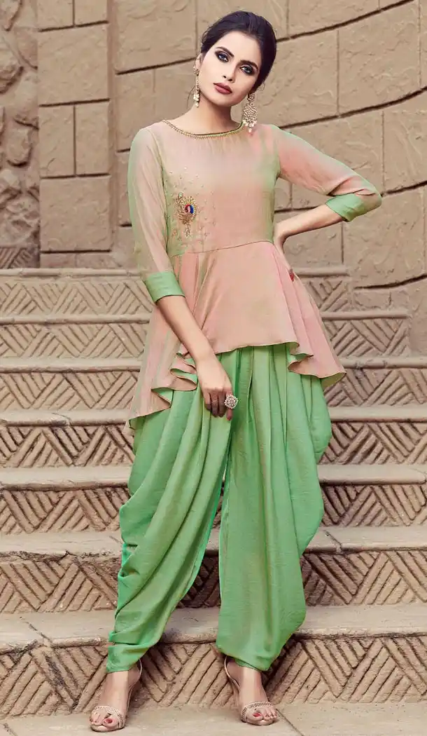 Tow Tone Peach Color Nylon Blend Readymade Designer Indo Western Dhoti Suit Online - 403648768
