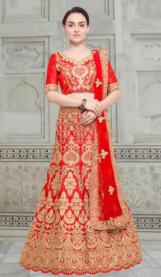 Ethnic Red Color Satin Embroidery Designer Girls Lehenga Choli - 403748770