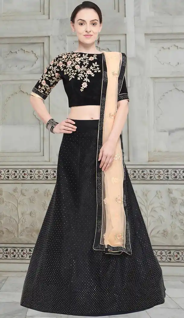 Charming Black Color Velvet Embroidery Designer Girls Lehenga Choli - 403748772