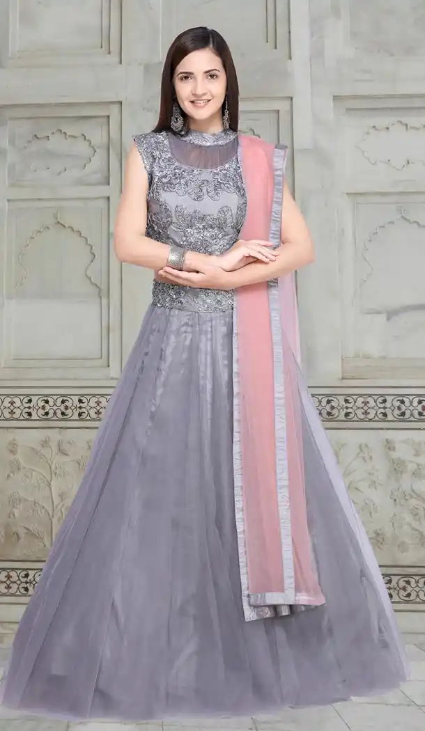 Elegant Grey Color Net Embroidery Designer Girls Lehenga Choli - 403748773