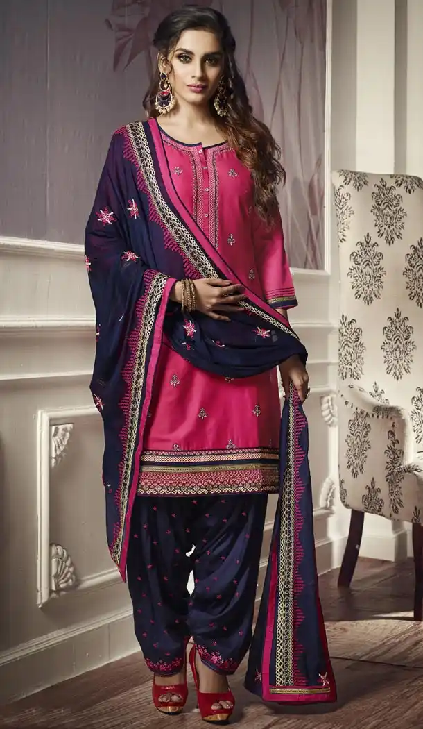 Rose Pink Color Cotton Satin Attractive Party Panjabi Patiala Salwar Suit - 405248950