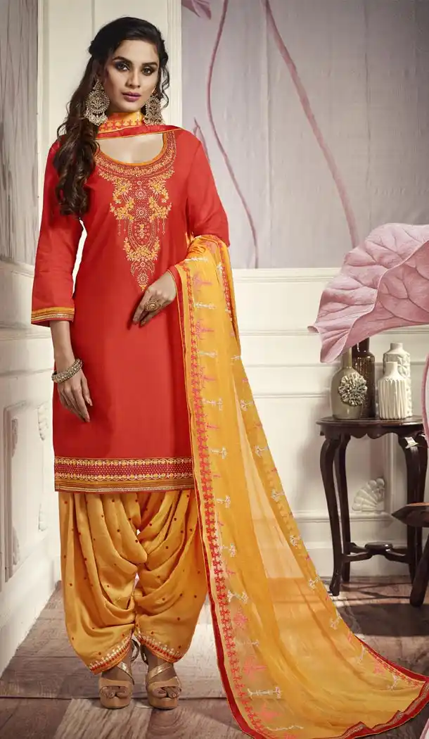 Luscious Orange Color Cotton Satin Attractive Party Panjabi Patiala Salwar Suit - 405248954