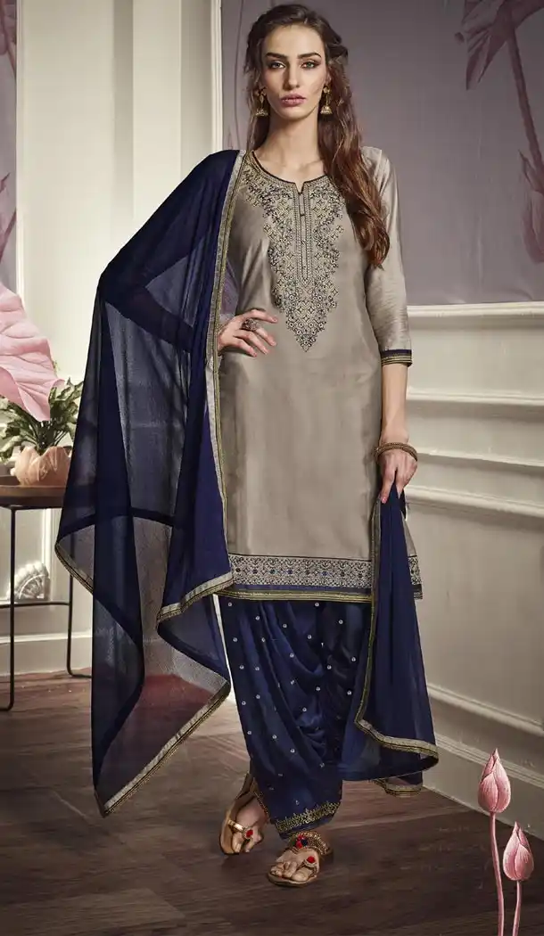 Elegant Grey Color Cotton Satin Attractive Party Panjabi Patiala Salwar Suit - 405248958