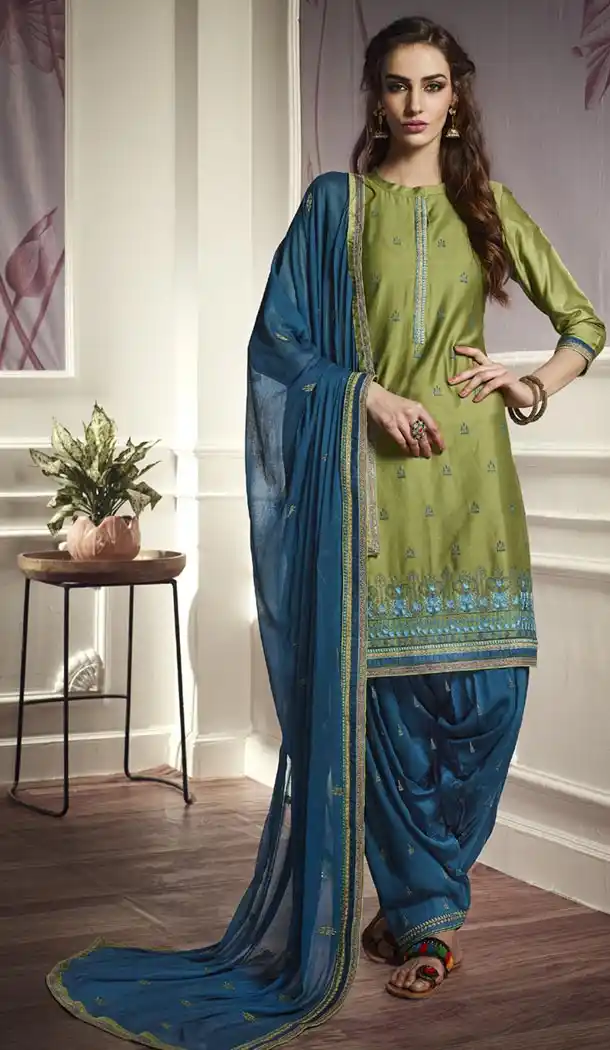 Mehendi Green Color Cotton Satin Attractive Party Panjabi Patiala Salwar Suit - 405248959