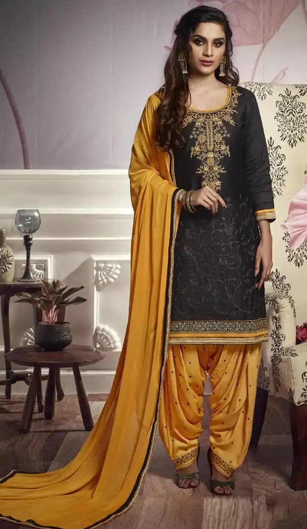 Black Color Cotton Satin Attractive Party Panjabi Patiala Salwar Suit - 405248960