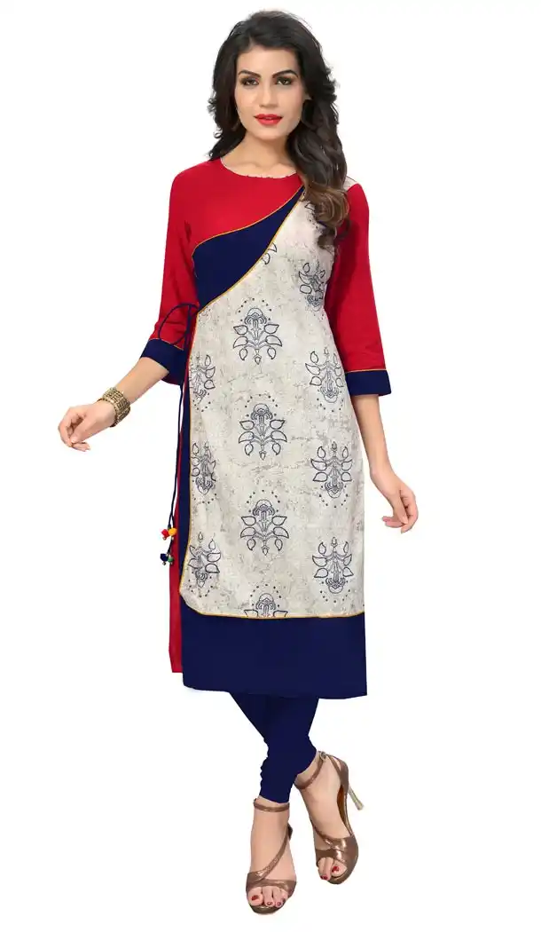 Red and Blue Color Cotton Party Wear Readymade Kurti - 394447560