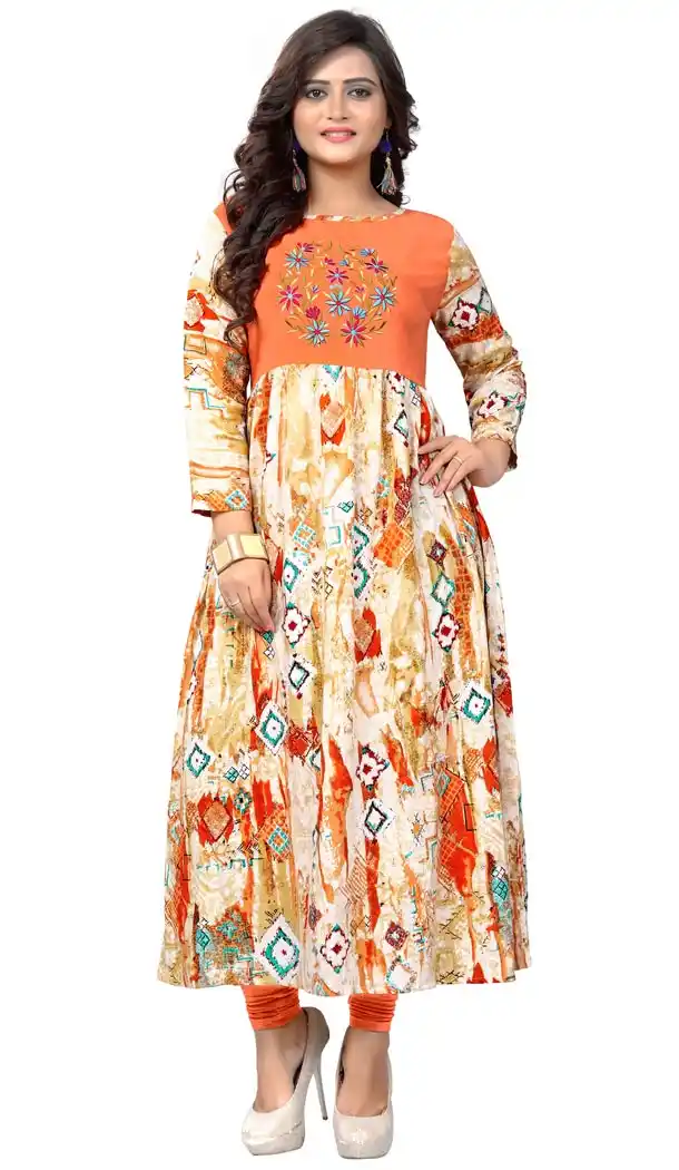 Dazzling Diva Orange Color Rayon Party Wear Readymade Kurti - 394447563