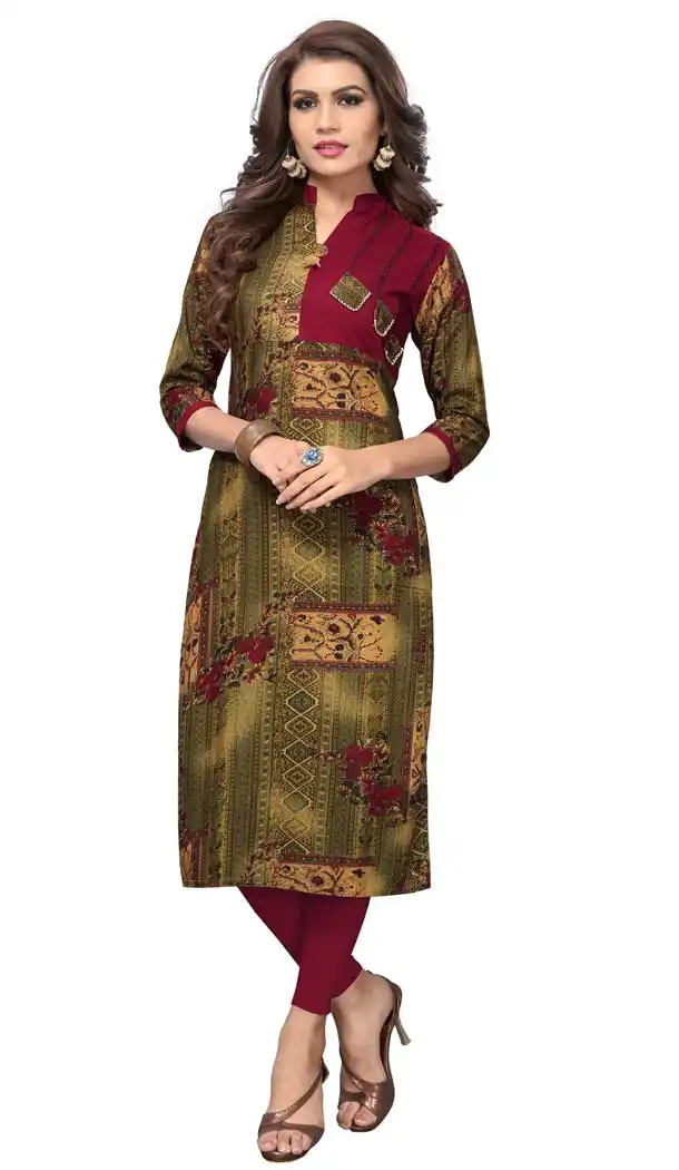 Red and Green Color Rayon Party Wear Readymade Long Kurti - 394447566