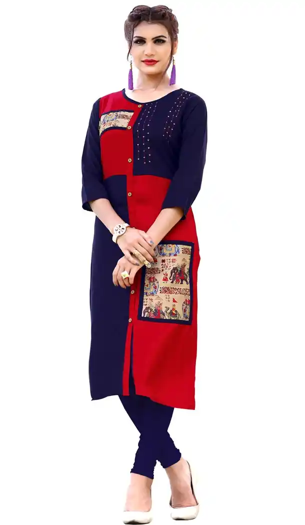 Red and Blue Color Rayon Party Wear Readymade Long Kurti - 394447574