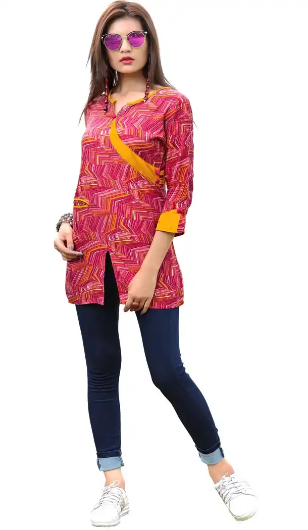 Gorgeous Pink Color Rayon Party Wear Readymade Short Kurti - 394447576