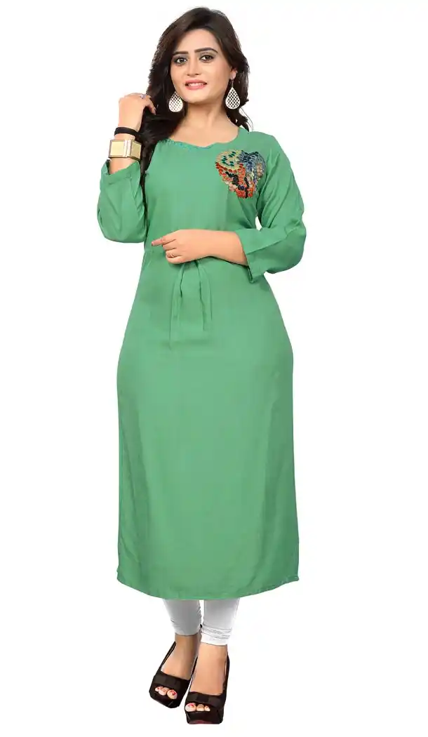 Light Green Color Rayon Party Wear Readymade Long Kurti - 394447579