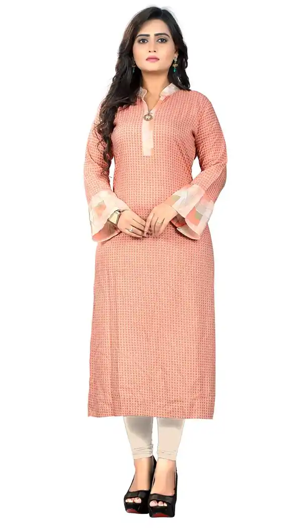 Contemporary Peach Color Rayon Party Wear Readymade Long Kurti - 394447585