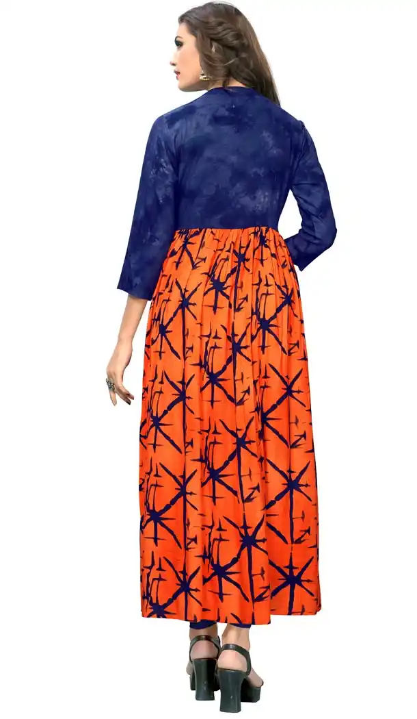 Orange Color Rayon Party Wear Readymade Long Kurti - 394447587