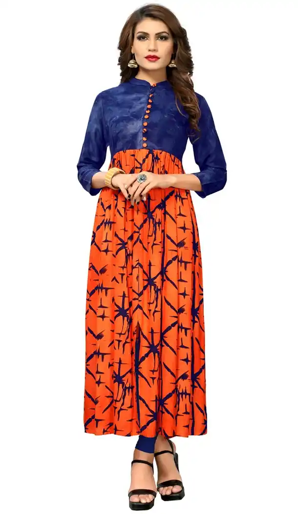 Orange Color Rayon Party Wear Readymade Long Kurti - 394447587