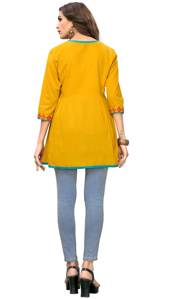 Enigmatic Musterd Yellow Color Cotton Party Wear Readymade Short Kurti - 394447590