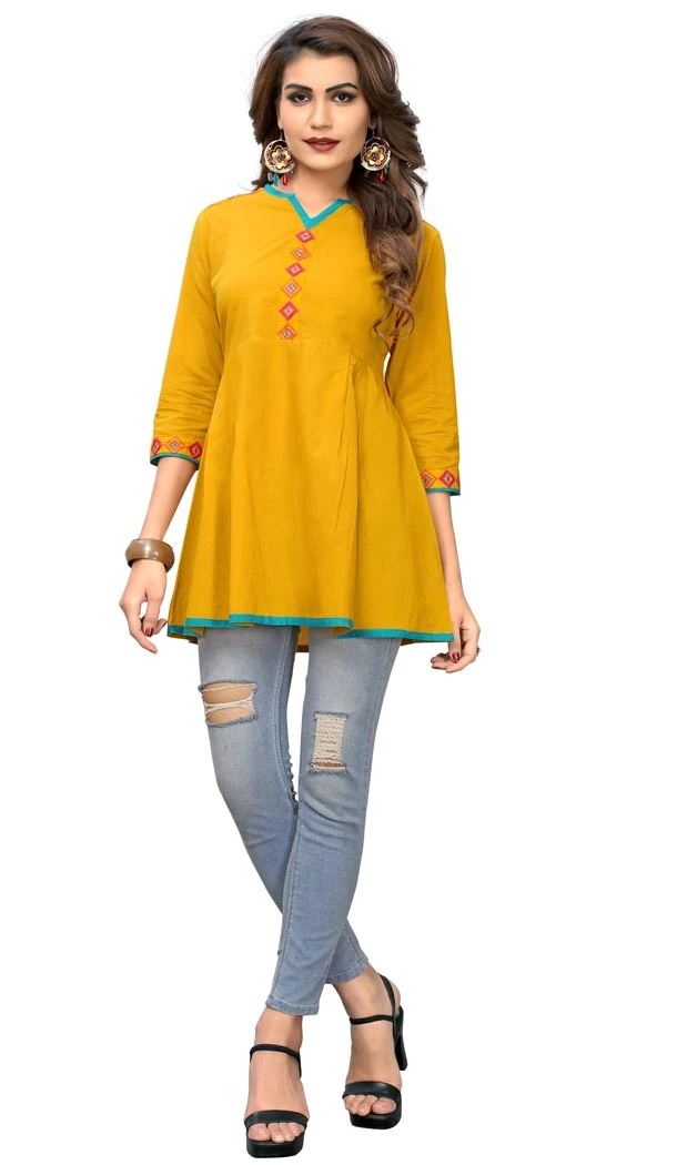 Enigmatic Musterd Yellow Color Cotton Party Wear Readymade Short Kurti - 394447590