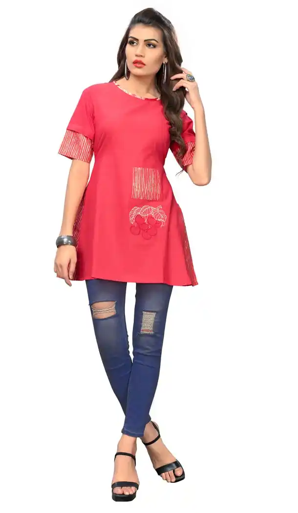 Majesty Pink Color Cotton Party Wear Readymade Short Kurti - 394447591