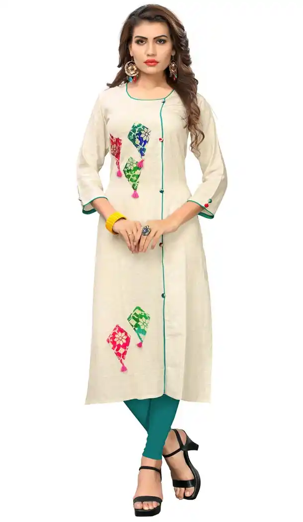 Vivacious Off White Color Cotton Party Wear Readymade Long Kurti - 394447592