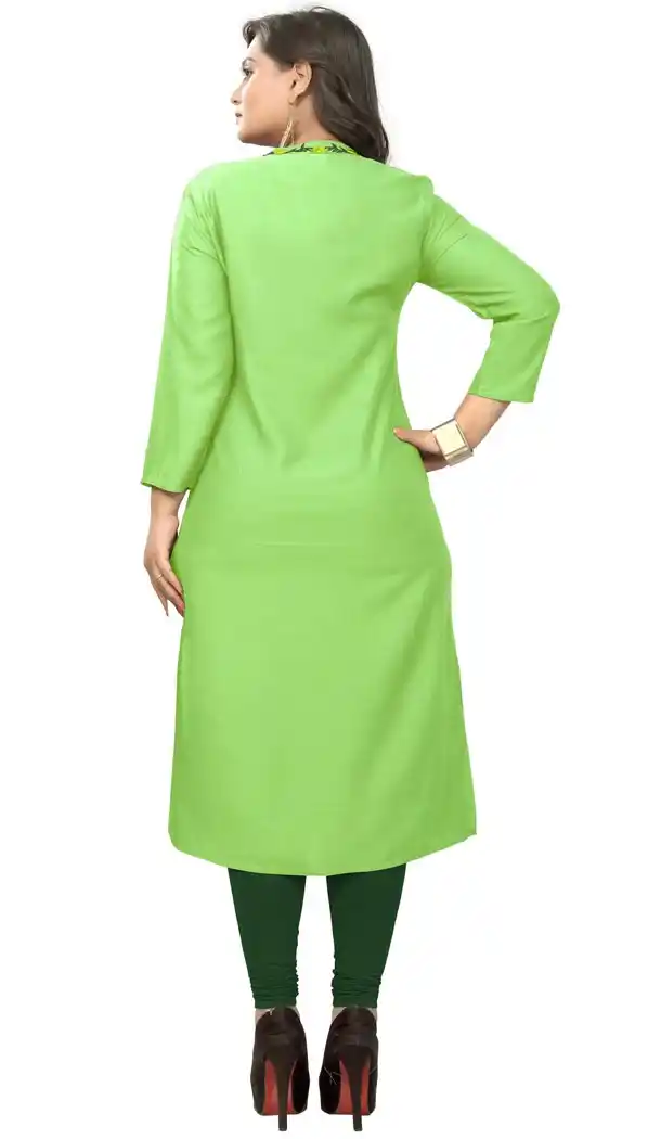 Classy Parrot green Color Rayon Party Wear Readymade Long Kurti - 394447593