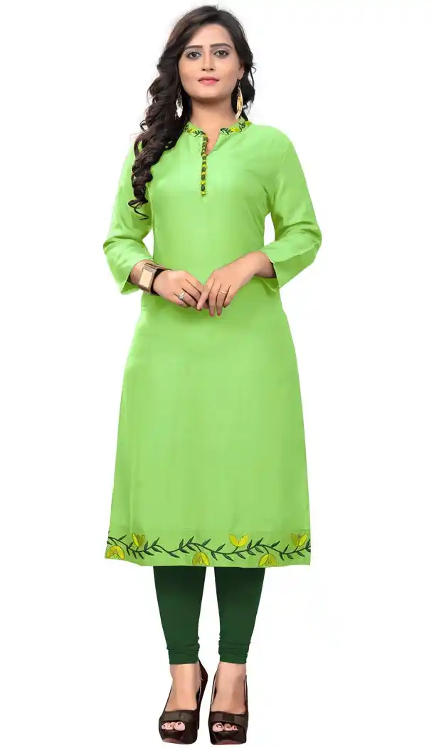 Classy Parrot green Color Rayon Party Wear Readymade Long Kurti - 394447593