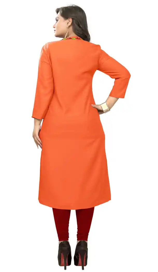 Exquisite Orange Color Rayon Party Wear Readymade Long Kurti - 394447595