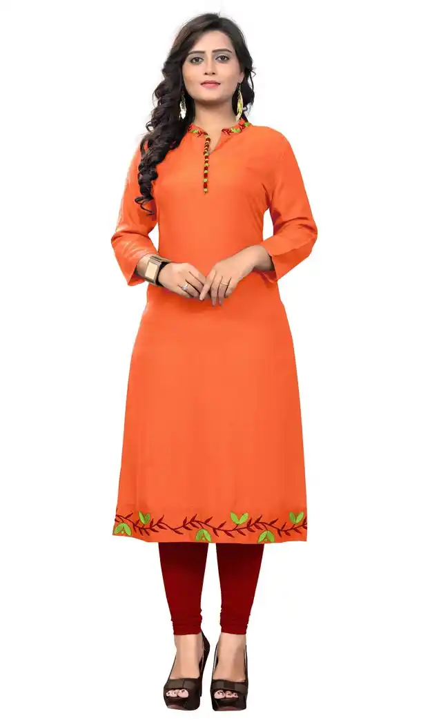 Exquisite Orange Color Rayon Party Wear Readymade Long Kurti - 394447595