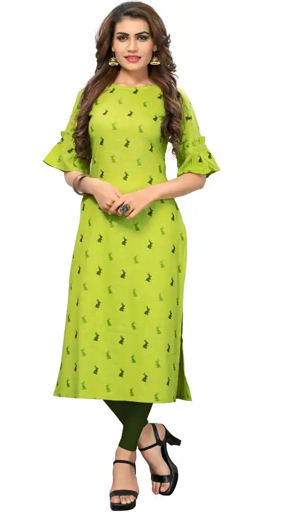 Captivating Parrot Color Slab Rayon Party Wear Readymade Long Kurti - 394447596