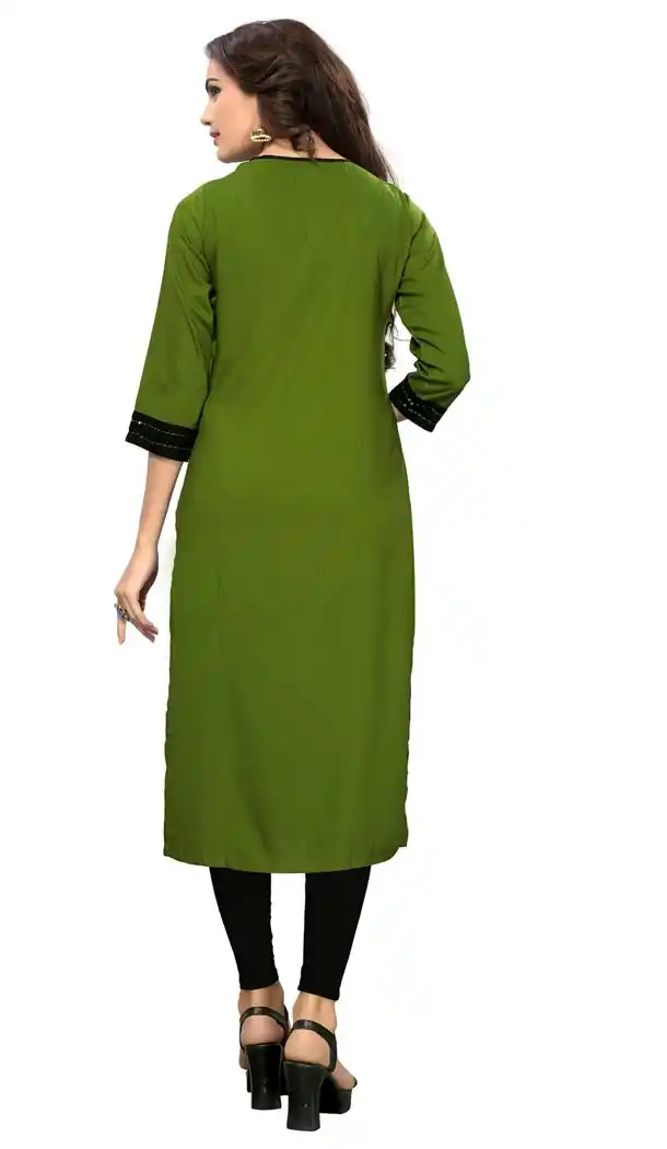 Exquisite Green and Black Color Rayon Party Wear Readymade Long Kurti - 394447597