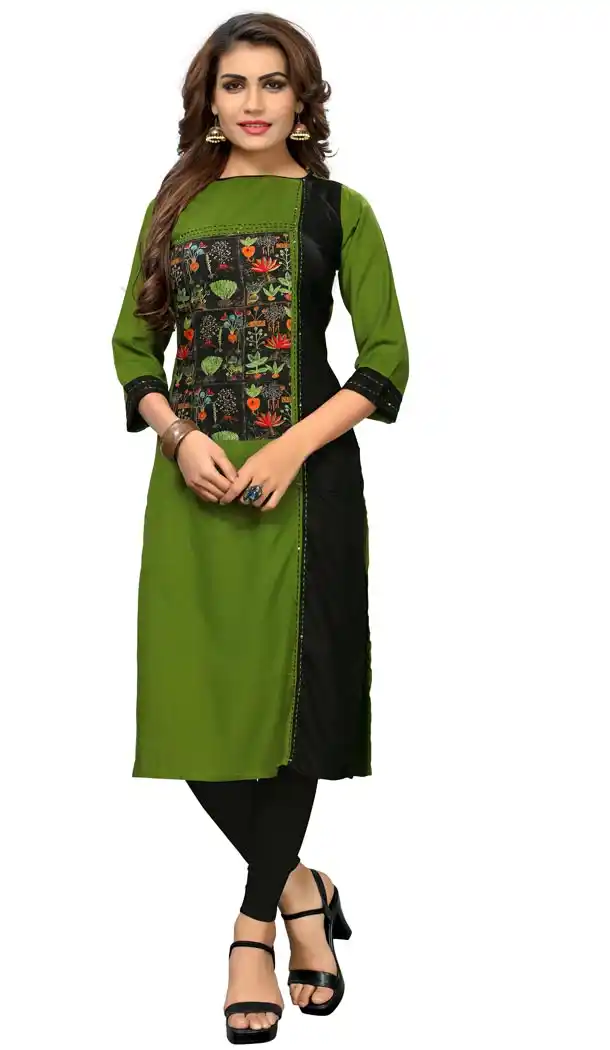 Exquisite Green and Black Color Rayon Party Wear Readymade Long Kurti - 394447597