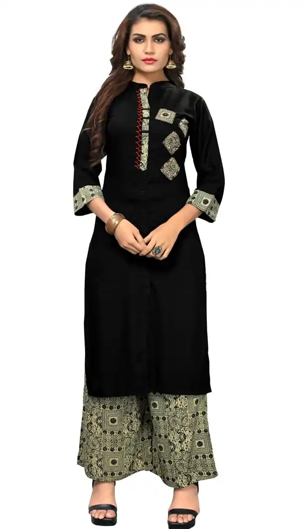 Chic Black Color Rayon Party Wear Readymade Long Kurti - 394447598