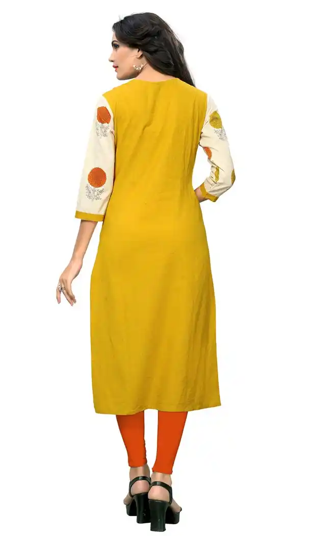 Charming Yellow Color Slab Cotton Party Wear Readymade Long Kurti - 394447599