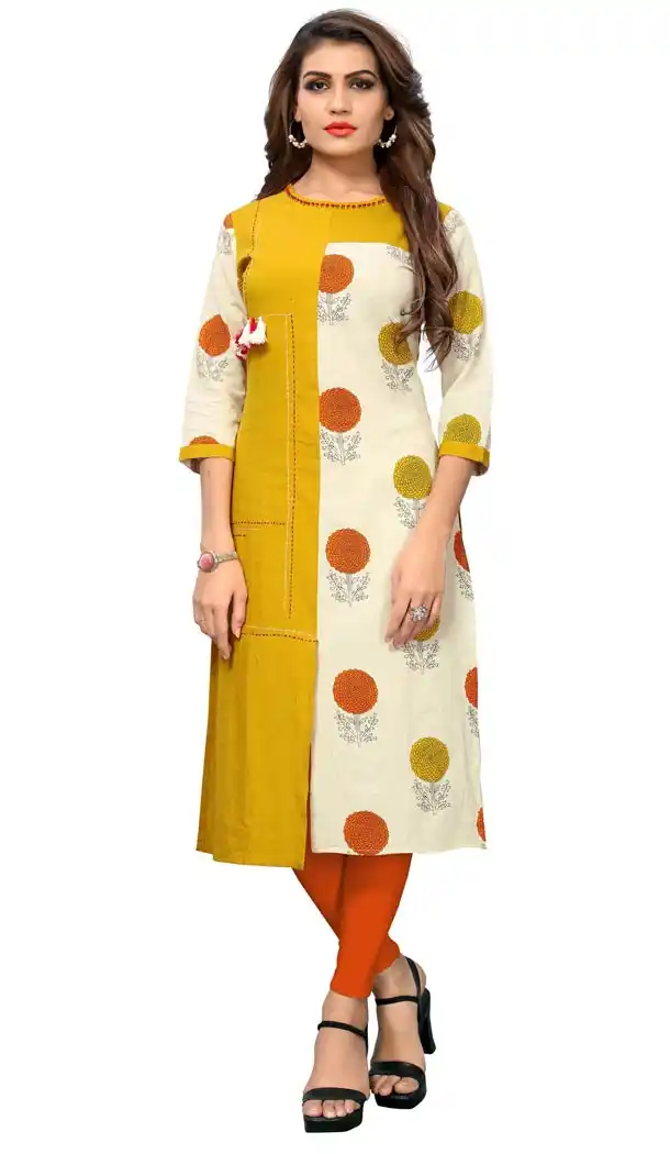 Charming Yellow Color Slab Cotton Party Wear Readymade Long Kurti - 394447599