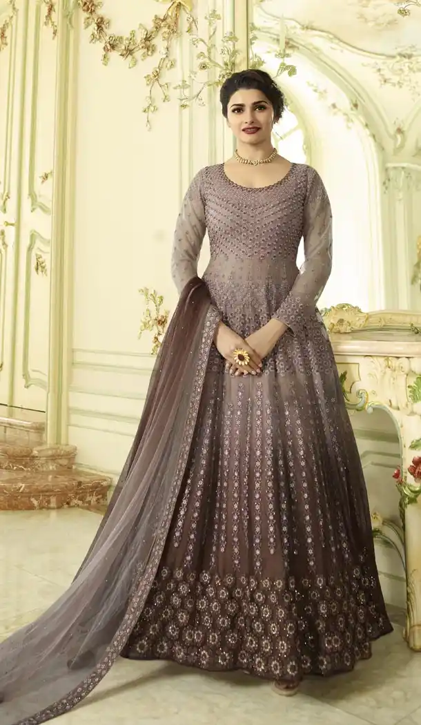 Prachi Desai Floor Length Designer Pakistani Abaya Salwar Kameez in Mauve and Brown - 59579009