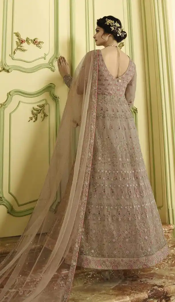 Prachi Desai Floor Length Designer Pakistani Abaya Salwar Kameez in Sand Grey - 59579011