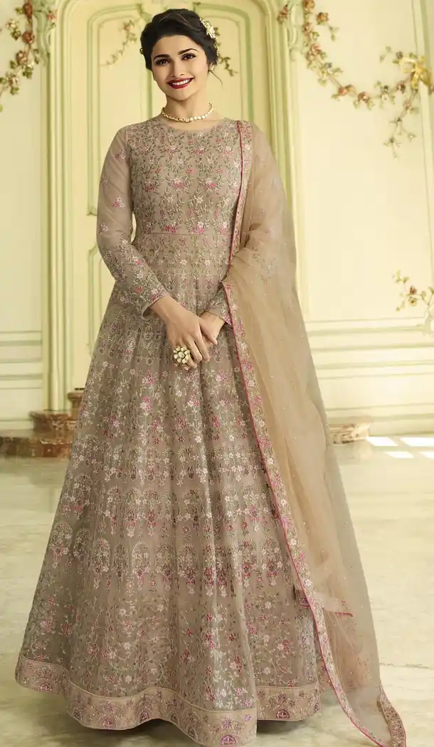 Prachi Desai Floor Length Designer Pakistani Abaya Salwar Kameez in Sand Grey - 59579011