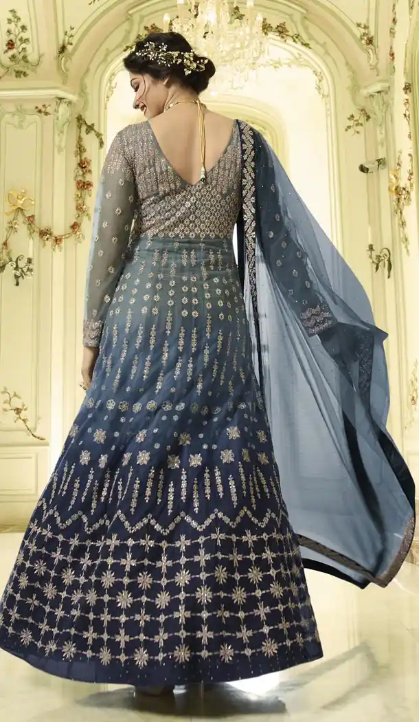 Prachi Desai Floor Length Designer Pakistani Abaya Salwar Kameez in Grey and Blue - 59579012