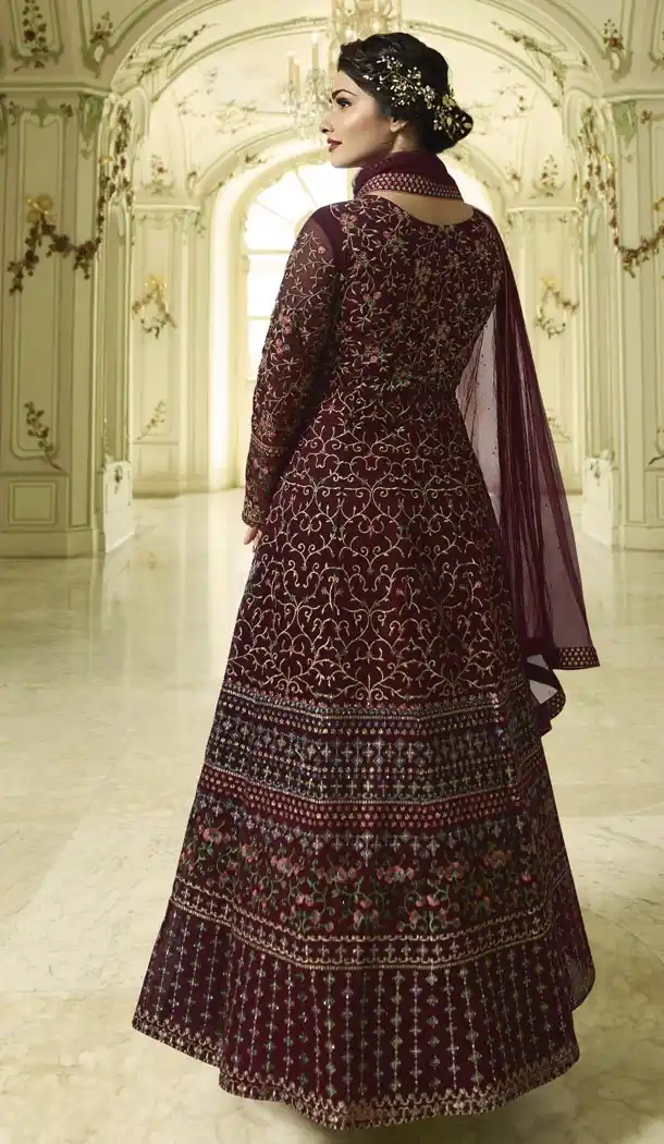 Prachi Desai Floor Length Designer Pakistani Abaya Salwar Kameez in Maroon - 59579014