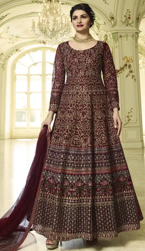 Prachi Desai Floor Length Designer Pakistani Abaya Salwar Kameez in Maroon - 59579014